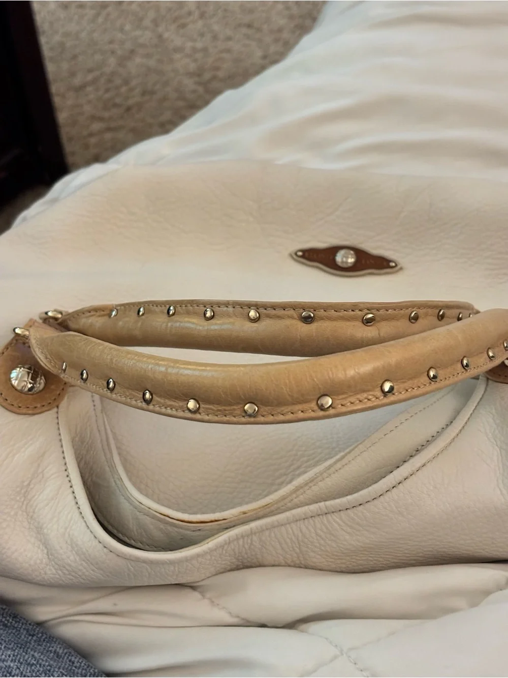 Elliott Lucca Genuine Leather Convertible Hobo Cream Gold Side Zip Studded